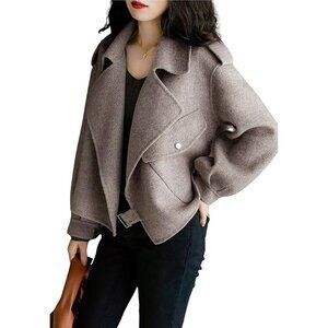Women Khaki Wool Coats Notched Lapel Pea Coat Open Front Trench Overcoat Jacke